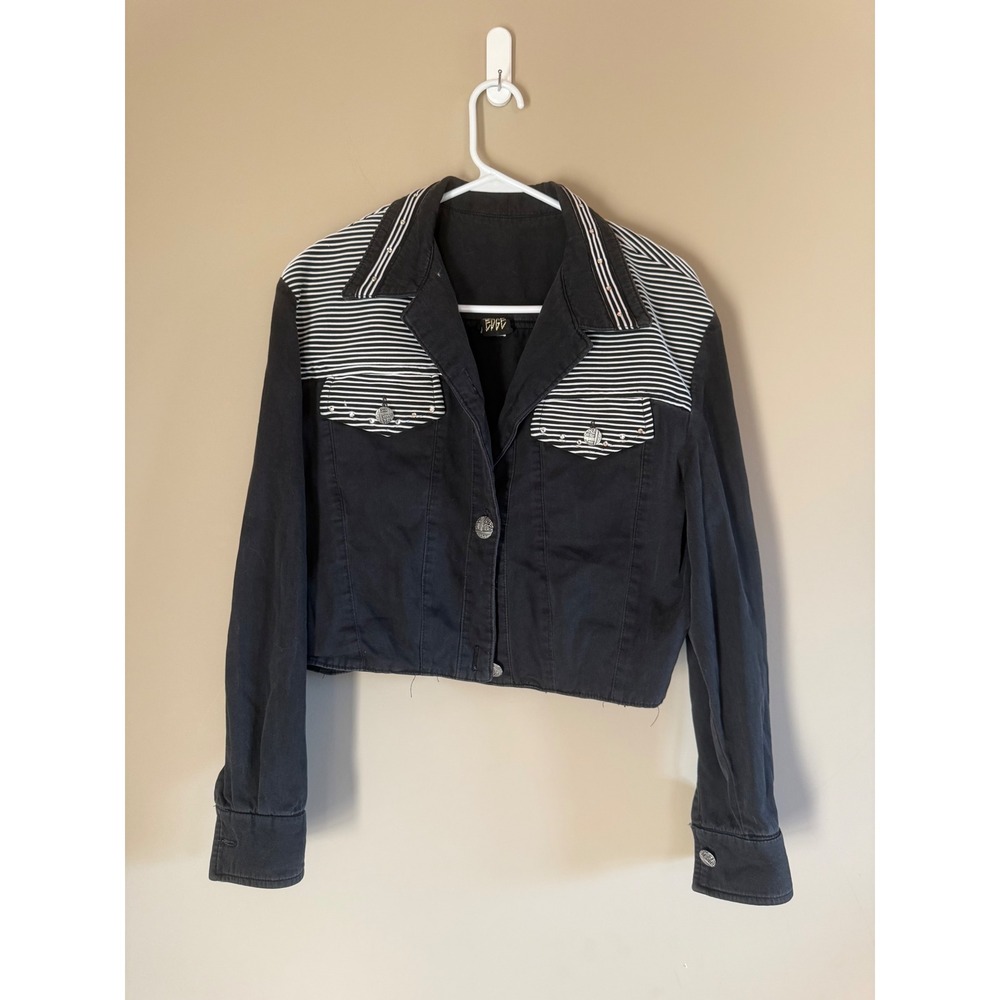 Jagged Edge Vintage‎ Cropped Jacket Black White Striped Yoke Medium 23400-21 USA